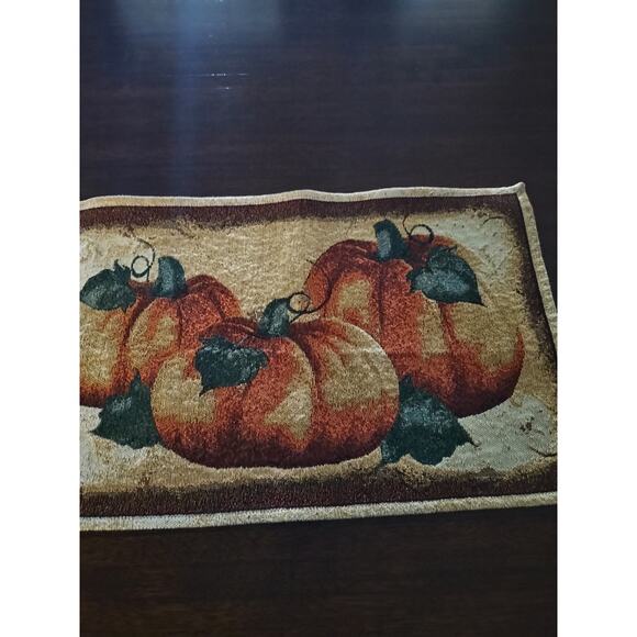Vintage Tapestry Embroidered Halloween Fall Pumpkin table runner. 70" x 12" - Picture 2 of 10
